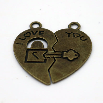 5 set Antique Brass Alloy Charm, Couple Charm, 1/2 + 1/2 Heart Charm with Lock and Key - 30x15mm, Antique Bronze - MC4378