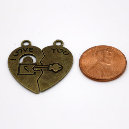 5 set Antique Brass Alloy Charm, Couple Charm, 1/2 + 1/2 Heart Charm with Lock and Key - 30x15mm, Antique Bronze - MC4378