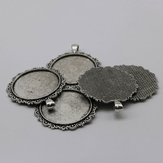 5 pcs Round Antique Silver Bezel - for 35mm app. 1-3/8 inch - Circle Pendant Blank Bezel . for Cabochon Cameo Pendants, Photo Jewelry, Post