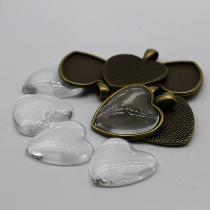 Pendant Big HEART BEZELS w/GLASS Magnifying Domes Cabochon - 5 sets 10 pcs  - 30mm app. 1-3/16inch Antique Brass Bezel and Glass Cabochon