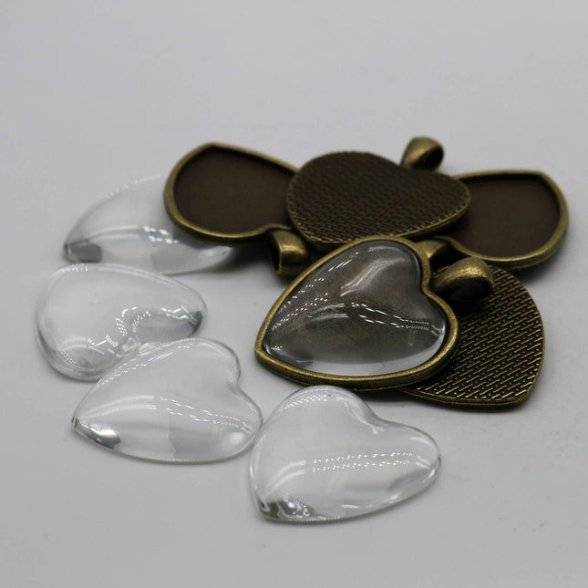 Pendant Big HEART BEZELS w/GLASS Magnifying Domes Cabochon - 5 sets 10 pcs  - 30mm app. 1-3/16inch Antique Brass Bezel and Glass Cabochon