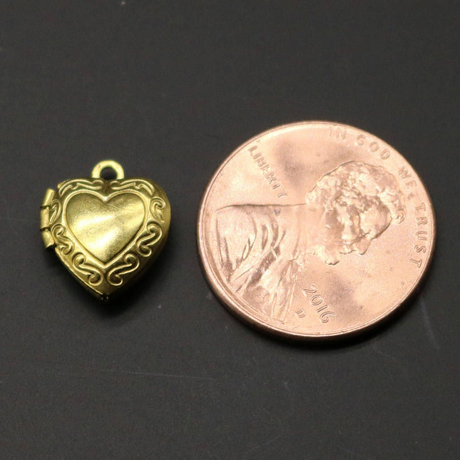 Raw BRASS Filigree Locket Small Heart in Heart Pendant Charm Dangle - 12x10.4mm - Brass Locket Pendant Charm