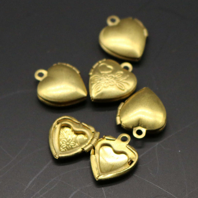 Raw BRASS Filigree Locket Small Flower in Heart Pendant Charm Dangle - 12x10.4mm - Brass Locket Charm - A37