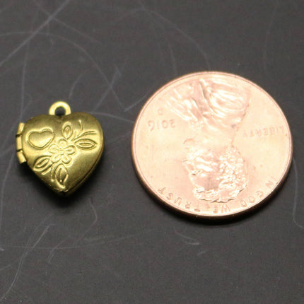 Raw BRASS Filigree Locket Small Flower in Heart Pendant Charm Dangle - 12x10.4mm - Brass Locket Charm - A37
