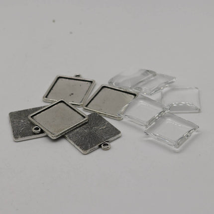 SQUARE Bezel with 20mmX20mm GLASS Magnifying Domes Cabochon - 5 sets 10 pcs  - 28mmx23mm Antique Silver - KB09