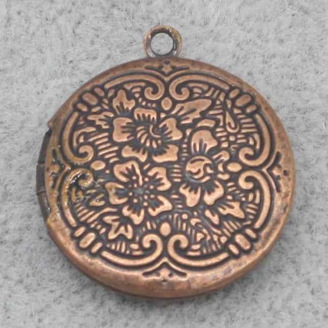Antique COPPER Filigree Locket PLAIN Flower Pendant Charm Dangle - 20mm - Brass Locket Pendant Charm - D39