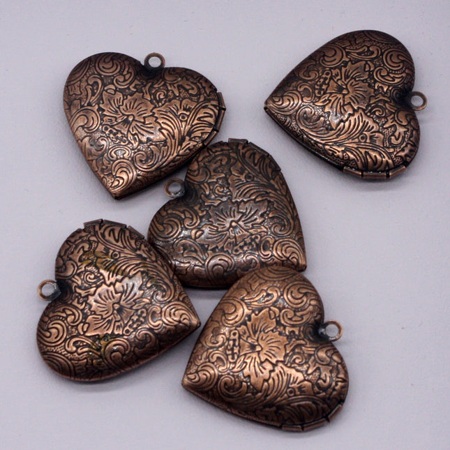 5 pcs Antique COPPER Heart Locket Flower Patten Pendant Charm - 29x29mm - Brass Locket Pendant Charm - A62