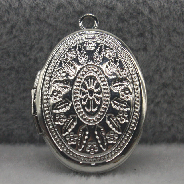 Rhodium Plated Filigree Locket Oval Pendant Maya Pattern Charm Dangle - 16x19mm - Locket Pendant Charm - B19