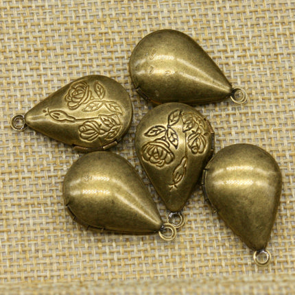 5 pcs Antique BRASS Filigree ROSE Teardrop Locket Pendant Charm Dangle - 20x24mm - Brass Locket Pendant - E8
