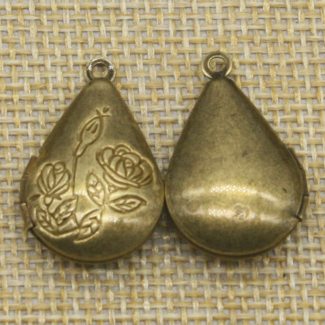 5 pcs Antique BRASS Filigree ROSE Teardrop Locket Pendant Charm Dangle - 20x24mm - Brass Locket Pendant - E8
