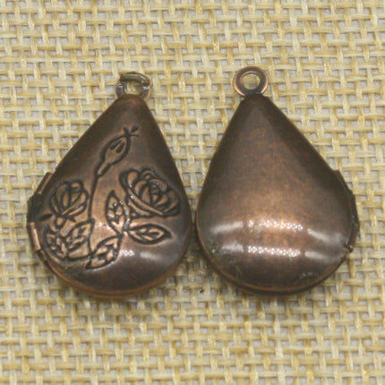 5 pcs Antique COPPER Filigree ROSE Teardrop Locket Pendant Charm Dangle - 20x24mm - Brass Locket Pendant - E8