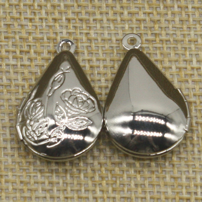 5 pcs Rhodium Plated Filigree ROSE Teardrop Locket Pendant Charm Dangle - 20x24mm - Brass Locket Pendant - E8