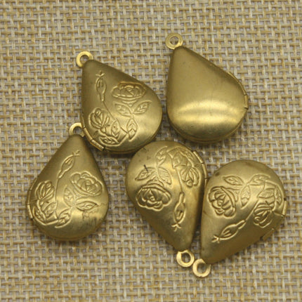 Raw BRASS Filigree ROSE Teardrop Locket Pendant Charm Dangle - 20x24mm - Brass Locket Pendant - B5