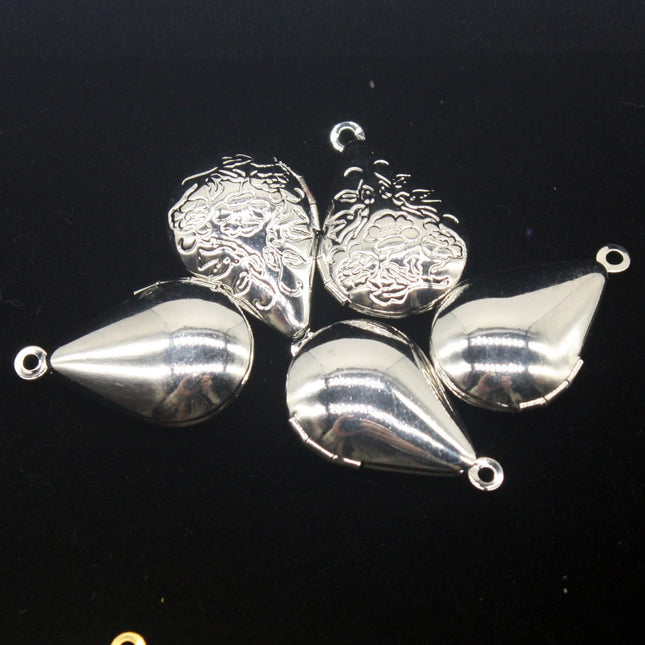 5 pcs Rhodium Plated Filigree FLOWER Teardrop Locket Pendant Charm - 20x24mm - Brass Locket Pendant - E8