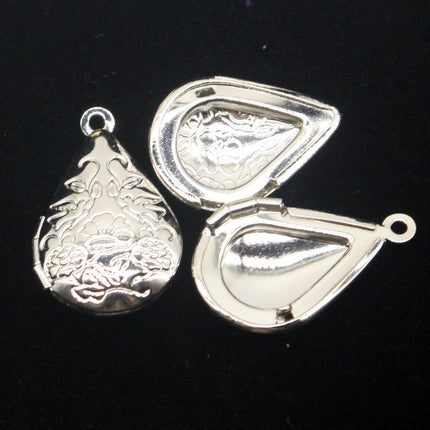 5 pcs Rhodium Plated Filigree FLOWER Teardrop Locket Pendant Charm - 20x24mm - Brass Locket Pendant - E8