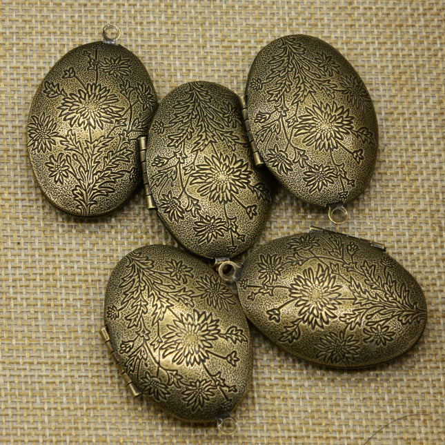 5 pcs Antique BRASS Filigree Locket Oval BIG Flower Patten Pendant Charm - 28x42mm - Brass Locket Pendant - B9