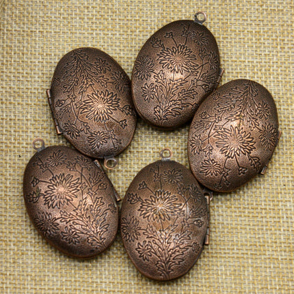 5 pcs Antique COPPER Filigree Locket Oval BIG Flower Patten Pendant Charm - 28x42mm - Brass Locket Pendant - B9