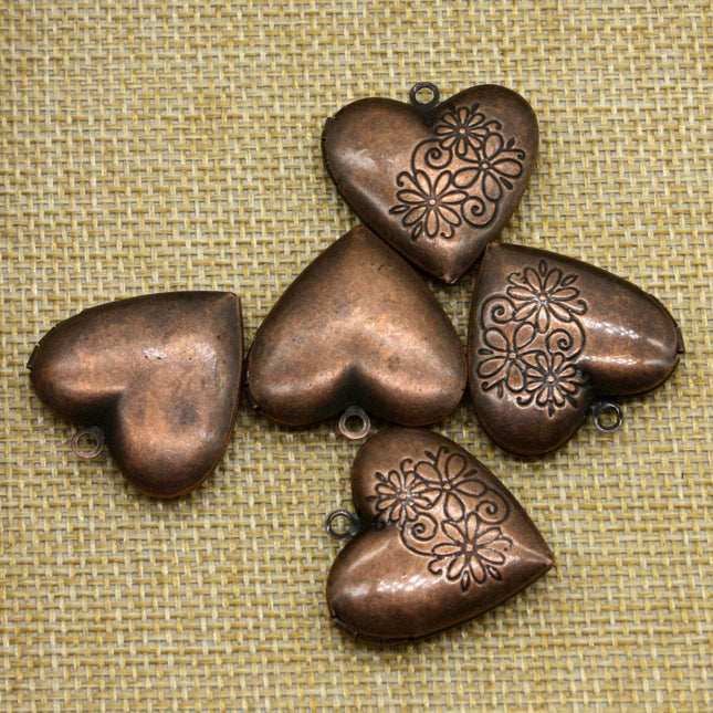 5 pcs Antique COPPER Heart Locket Pendant Charm - 26x26mm 7mm thickness - A18