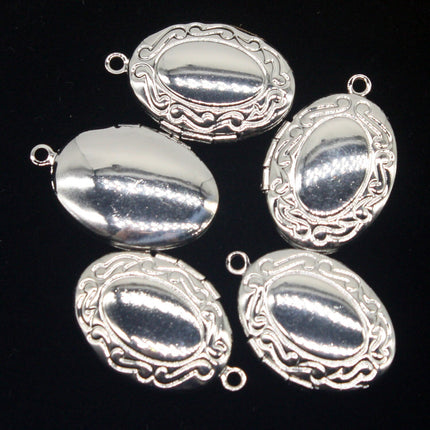 5 pcs Rhodium Plated Filigree Locket Oval Pendant Charm Dangle - 16x19mm - Brass Locket Pendant Charm - B43