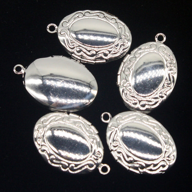 5 pcs Rhodium Plated Filigree Locket Oval Pendant Charm Dangle - 16x19mm - Brass Locket Pendant Charm - B43