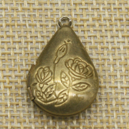 5 pcs Antique BRASS Filigree ROSE Teardrop Locket Pendant Charm Dangle - 20x24mm - Brass Locket Pendant - E8