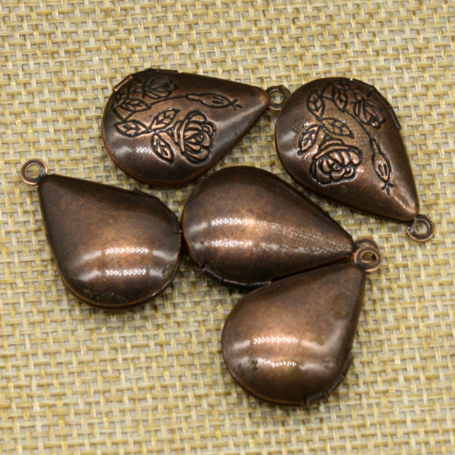5 pcs Antique COPPER Filigree ROSE Teardrop Locket Pendant Charm Dangle - 20x24mm - Brass Locket Pendant - E8