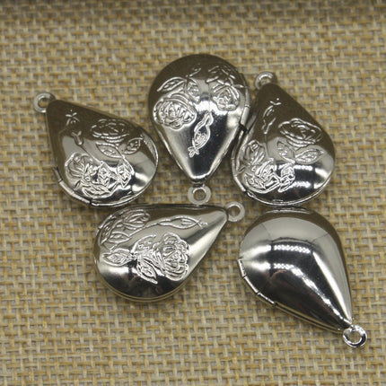 5 pcs Rhodium Plated Filigree ROSE Teardrop Locket Pendant Charm Dangle - 20x24mm - Brass Locket Pendant - E8