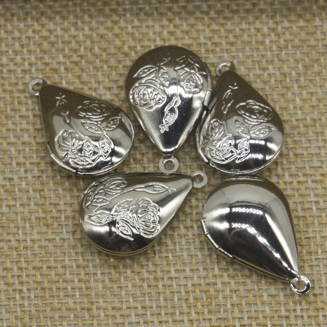 5 pcs Rhodium Plated Filigree ROSE Teardrop Locket Pendant Charm Dangle - 20x24mm - Brass Locket Pendant - E8