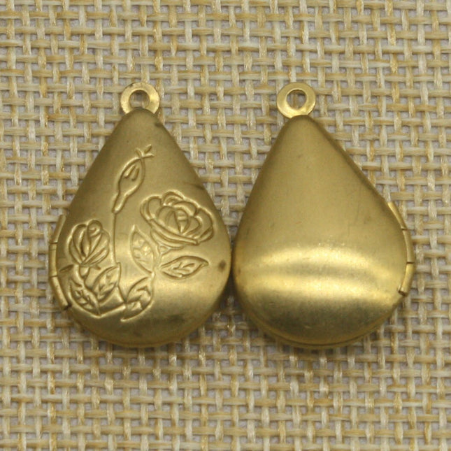 Raw BRASS Filigree ROSE Teardrop Locket Pendant Charm Dangle - 20x24mm - Brass Locket Pendant - B5