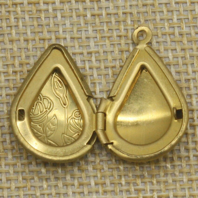 Raw BRASS Filigree ROSE Teardrop Locket Pendant Charm Dangle - 20x24mm - Brass Locket Pendant - B5