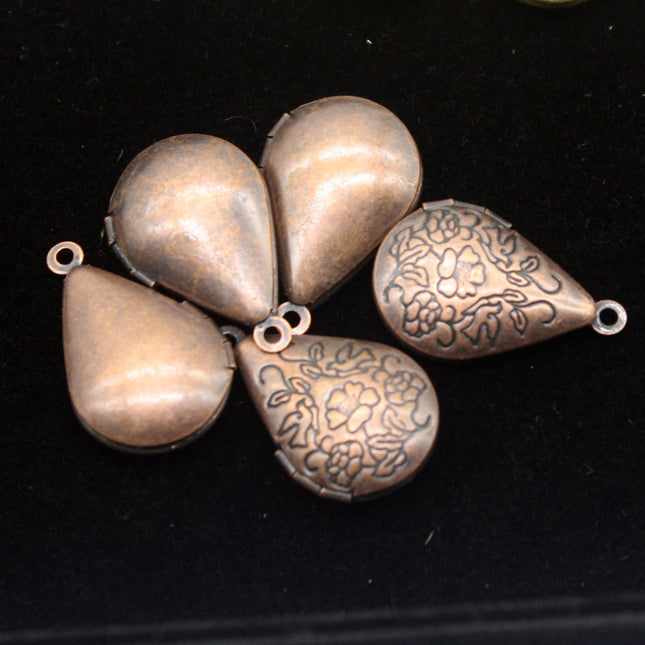 5 pcs Antique COPPER Filigree FLOWER Teardrop Locket Pendant Charm Dangle - 20x24mm - Brass Locket Pendant - E8