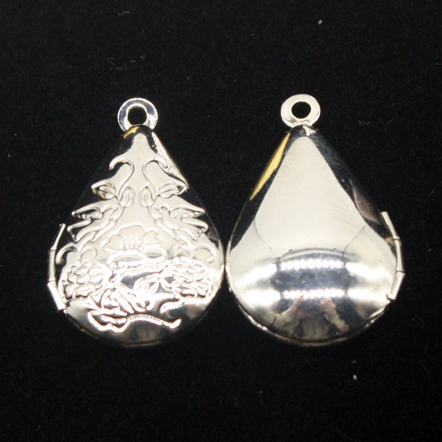 5 pcs Rhodium Plated Filigree FLOWER Teardrop Locket Pendant Charm - 20x24mm - Brass Locket Pendant - E8