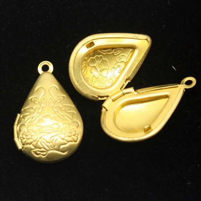 raw BRASS Filigree FLOWER Teardrop Locket Pendant Charm Dangle - 20x24mm - Brass Locket Pendant - B5