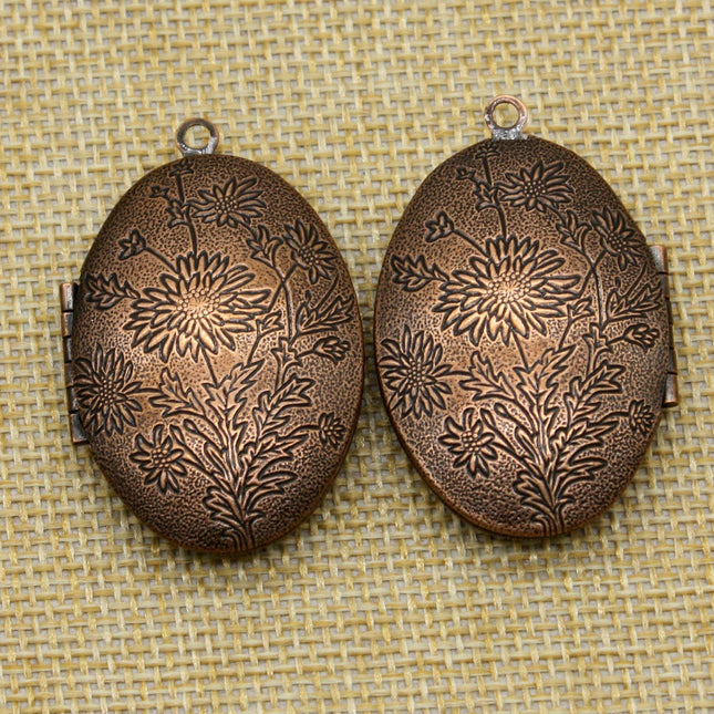 5 pcs Antique COPPER Filigree Locket Oval BIG Flower Patten Pendant Charm - 28x42mm - Brass Locket Pendant - B9