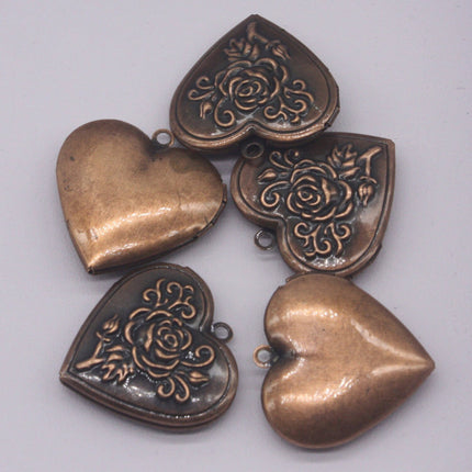 5 pcs Antique Copper ROSE Heart Locket Pendant Charm - 29x29mm 7mm thickness - A15