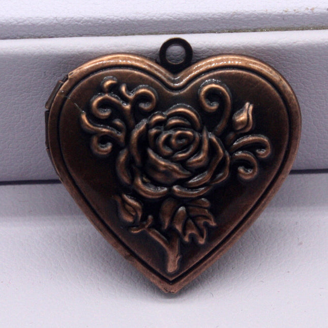 5 pcs Antique Copper ROSE Heart Locket Pendant Charm - 29x29mm 7mm thickness - A15