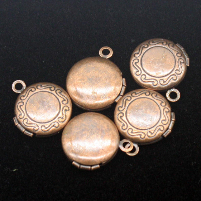 5 pcs Antique COPPER Filigree Locket ROUND Pendant Pattern Charm Dangle - 14x16mm - Locket Pendant Charm - D57