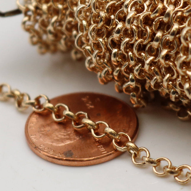 Pinky Gold Plated Rolo Chain bulk, 10 ft spool of Champagne Gold Plated ROLO cable chain - 3.1mm SOLDERED Links - 3.1BL