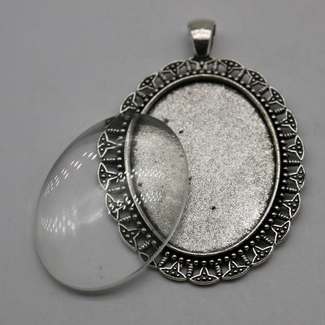 Pendant BEZELS with GLASS Magnifying OVAL Domes Cabochon - 5 sets 10 pcs  - for 30x40mm Cabochon - Antique Silver Bezel and Glass Cabochon