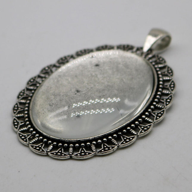 Pendant BEZELS with GLASS Magnifying OVAL Domes Cabochon - 5 sets 10 pcs  - for 30x40mm Cabochon - Antique Silver Bezel and Glass Cabochon
