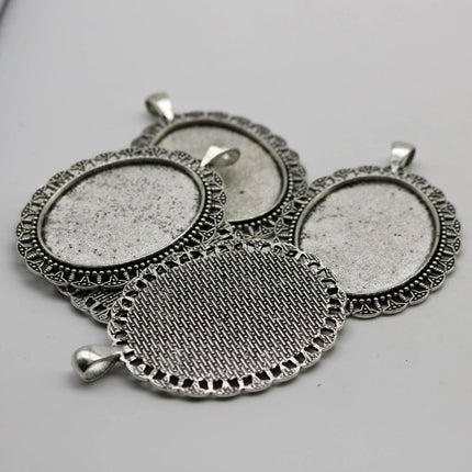 Pendant BEZELS with GLASS Magnifying OVAL Domes Cabochon - 5 sets 10 pcs  - for 30x40mm Cabochon - Antique Silver Bezel and Glass Cabochon