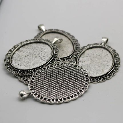 5 pcs Oval Antique Silver Bezel - for 30x40mm - Oval Pendant Blank Bezel for Cabochon Cameo Pendants, Photo Jewelry
