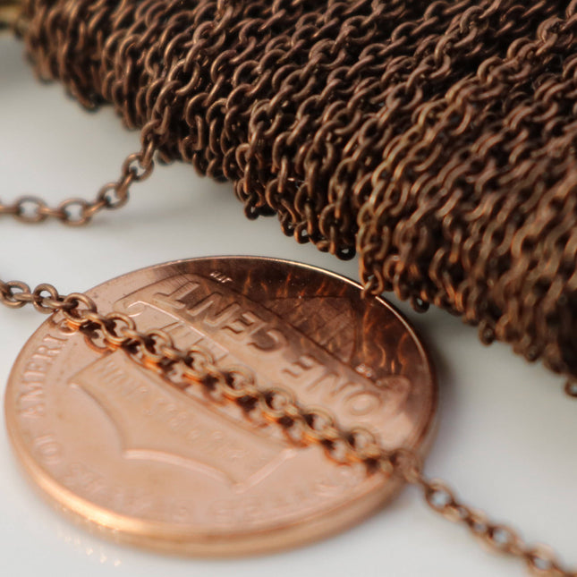 Antique Copper Chain Bulk, 10 ft of Tiny Round SOLDERED Chain Cable Chain 1.6x1.4mm- Free Jump Rings 10 pcs Dainty Delicate - 1614S