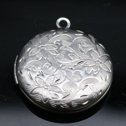 1/5/10/25 pcs STAINLESS STEEL Filigree Round Flower High Quality Locket Pendant Charm - 27x31mm 7mm thickness