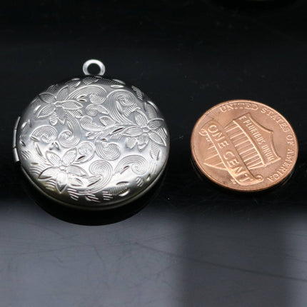 1/5/10/25 pcs STAINLESS STEEL Filigree Round Flower High Quality Locket Pendant Charm - 27x31mm 7mm thickness