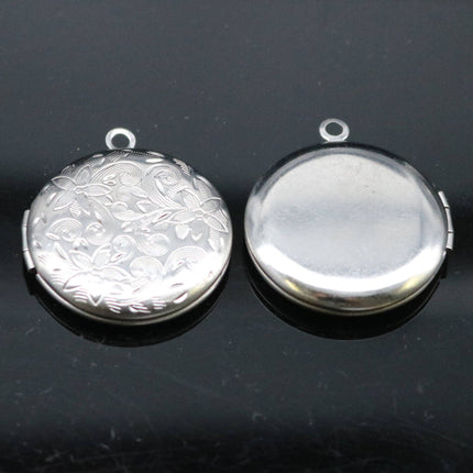 1/5/10/25 pcs STAINLESS STEEL Filigree Round Flower High Quality Locket Pendant Charm - 27x31mm 7mm thickness