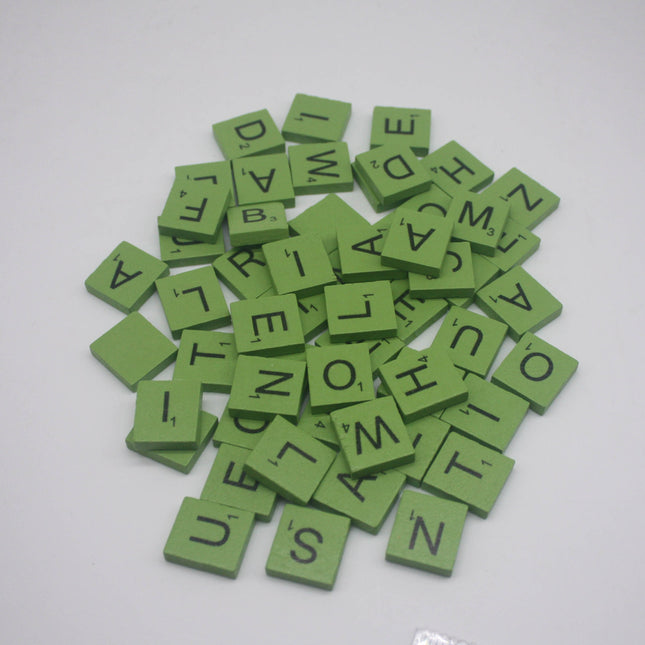 100 Pcs Wooden Scramble Scrabble Letters Tiles - GREEN Color Scrambble Tile - 18mm x 20mm - Complete 100 Pcs Set - Wedding Scrapbook