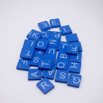 100 Pcs Wooden Scramble Scrabble Letters Tiles - Blue Color Scrambble Tile - 18mm x 20mm - Complete 100 Pcs Set - Wedding Scrapbook