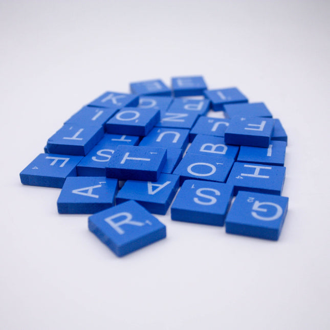 100 Pcs Wooden Scramble Scrabble Letters Tiles - Blue Color Scrambble Tile - 18mm x 20mm - Complete 100 Pcs Set - Wedding Scrapbook