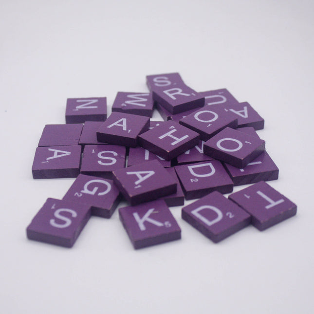 100 Pcs Wooden Scramble Scrabble Letters Tiles - Purple Color Scrambble Tile - 18mm x 20mm - Complete 100 Pcs Set - Wedding Scrapbook